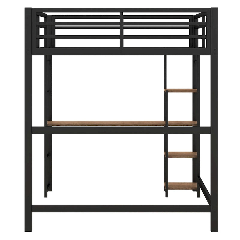 Lit mezzanine double en métal noir avec bureau en MDF en L sur le côté gauche et étagère centrale à 4 niveaux
