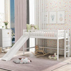 Lit bas mezzanine double blanc en bois avec toboggan amovible et échelle verticale