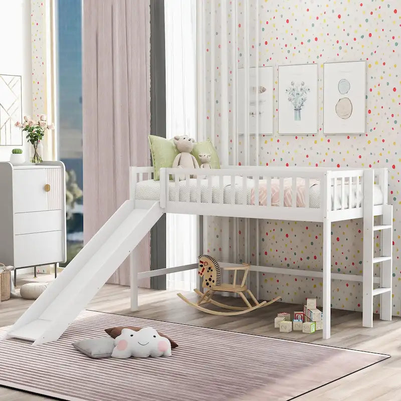 Lit bas mezzanine double blanc en bois avec toboggan amovible et échelle verticale
