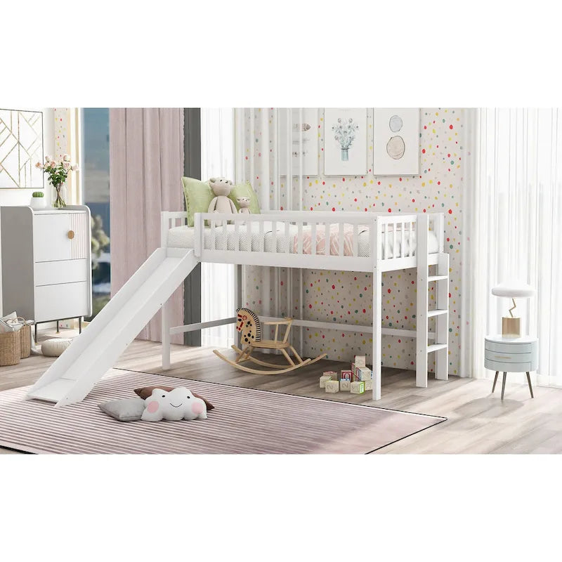 Lit bas mezzanine double blanc en bois avec toboggan amovible et échelle verticale