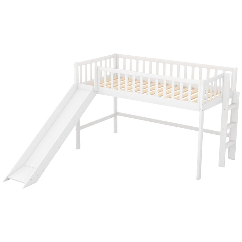 Lit bas mezzanine double blanc en bois avec toboggan amovible et échelle verticale