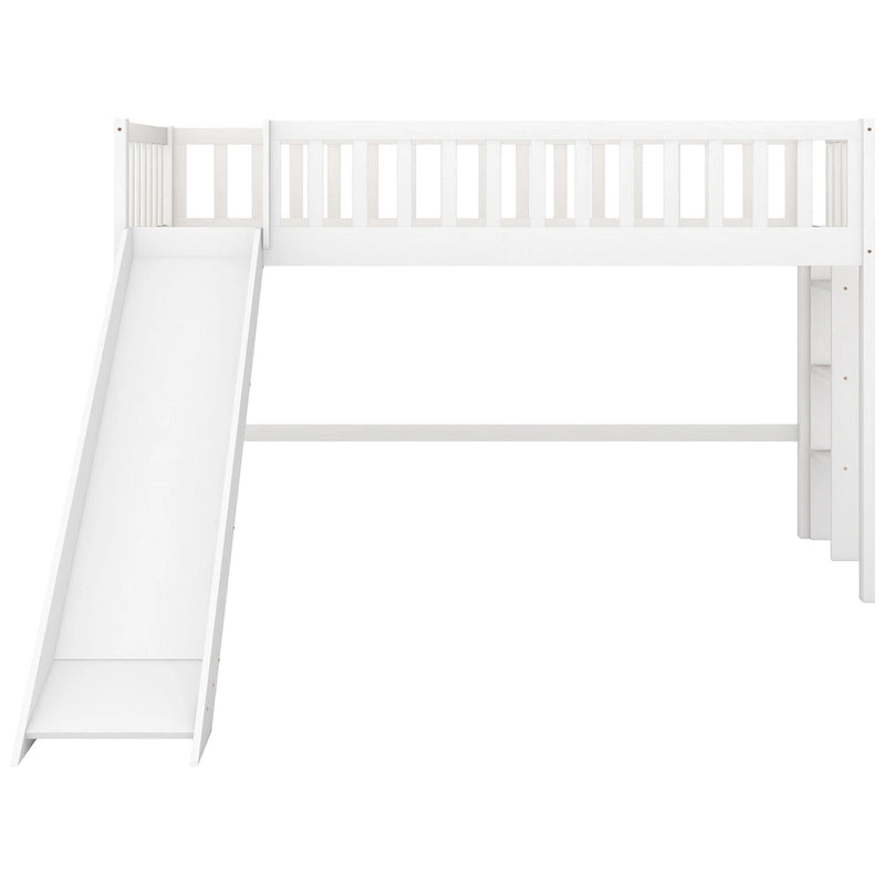 Lit bas mezzanine double blanc en bois avec toboggan amovible et échelle verticale
