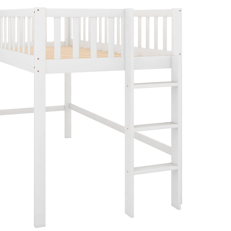 Lit bas mezzanine double blanc en bois avec toboggan amovible et échelle verticale