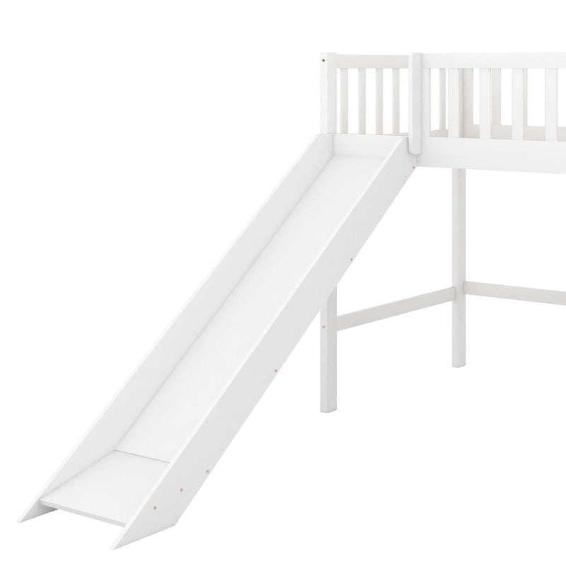 Lit bas mezzanine double blanc en bois avec toboggan amovible et échelle verticale