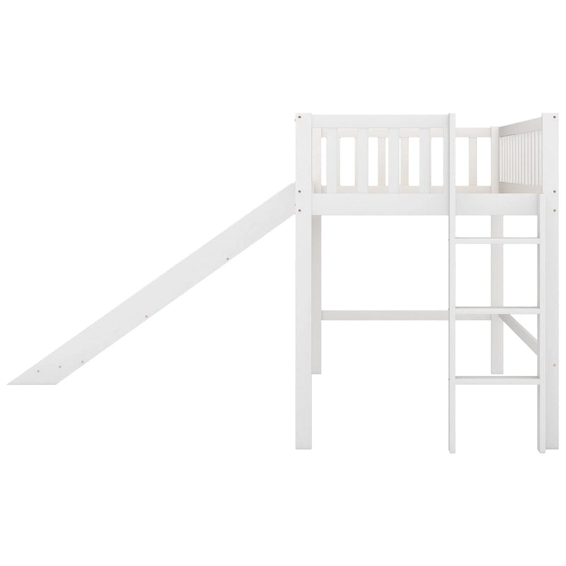 Lit bas mezzanine double blanc en bois avec toboggan amovible et échelle verticale