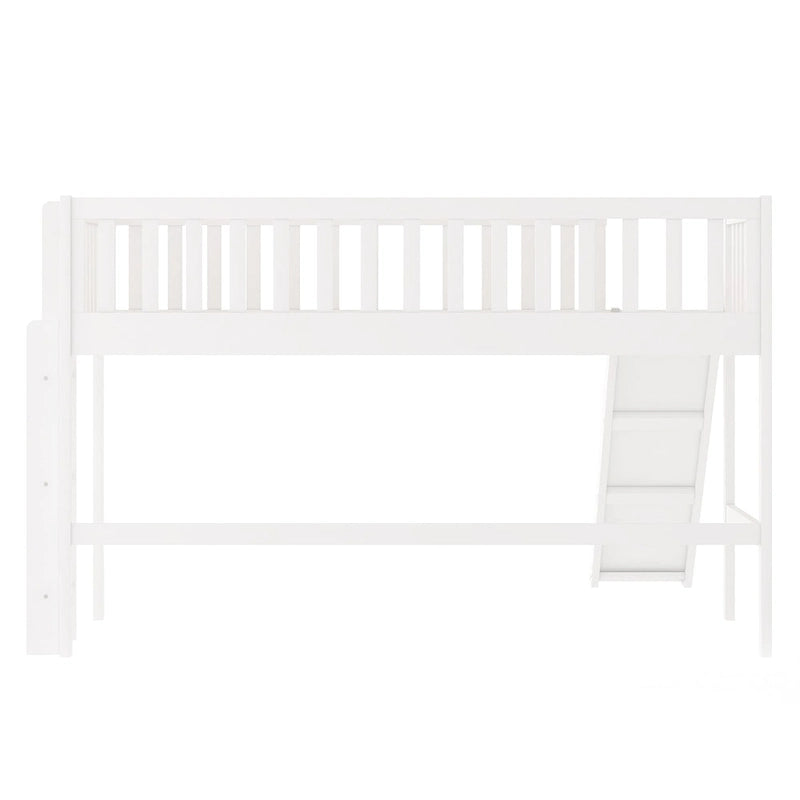 Lit bas mezzanine double blanc en bois avec toboggan amovible et échelle verticale