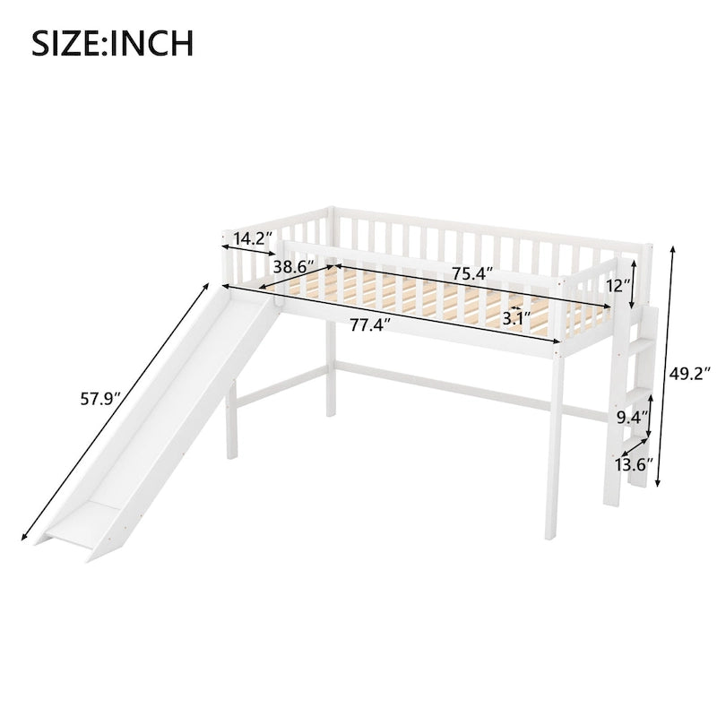 Lit bas mezzanine double blanc en bois avec toboggan amovible et échelle verticale