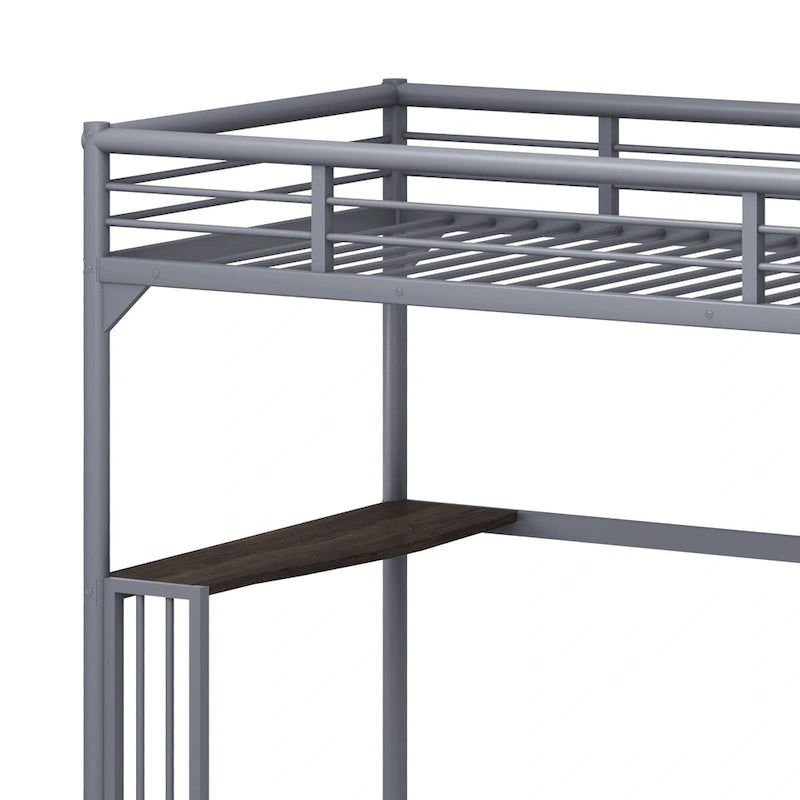 Lit mezzanine double en métal argenté avec bureau intégré, échelle à droite et garde-corps complets