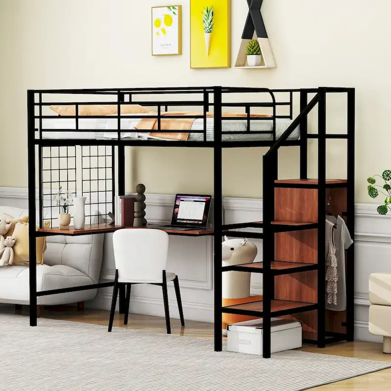 Lit mezzanine noir simple en métal avec bureau en L, panneau grillagé, escalier de rangement et armoire