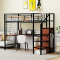 Lit mezzanine noir simple en métal avec bureau en L, panneau grillagé, escalier de rangement et armoire
