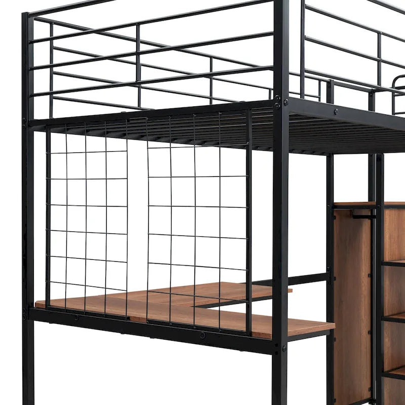 Lit mezzanine noir simple en métal avec bureau en L, panneau grillagé, escalier de rangement et armoire