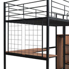 Lit mezzanine noir simple en métal avec bureau en L, panneau grillagé, escalier de rangement et armoire