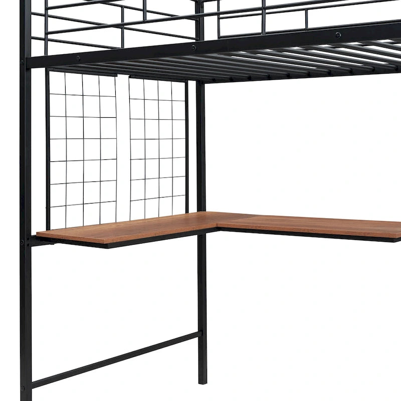 Lit mezzanine noir simple en métal avec bureau en L, panneau grillagé, escalier de rangement et armoire