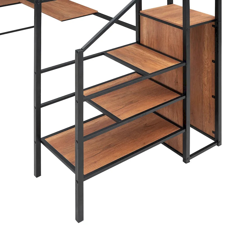 Lit mezzanine noir simple en métal avec bureau en L, panneau grillagé, escalier de rangement et armoire
