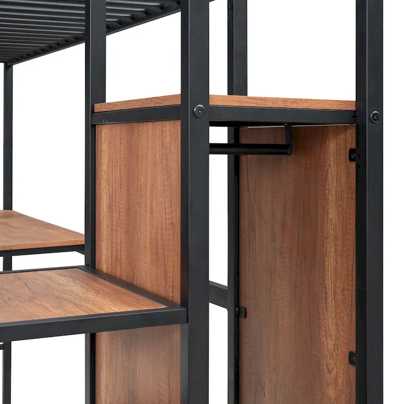 Lit mezzanine noir simple en métal avec bureau en L, panneau grillagé, escalier de rangement et armoire