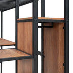 Lit mezzanine noir simple en métal avec bureau en L, panneau grillagé, escalier de rangement et armoire