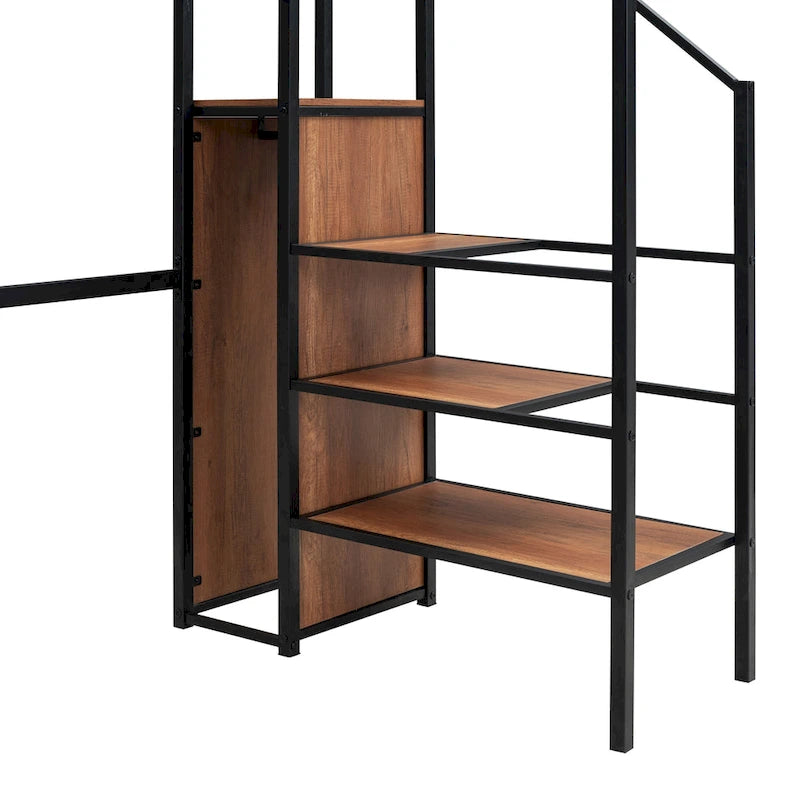 Lit mezzanine noir simple en métal avec bureau en L, panneau grillagé, escalier de rangement et armoire