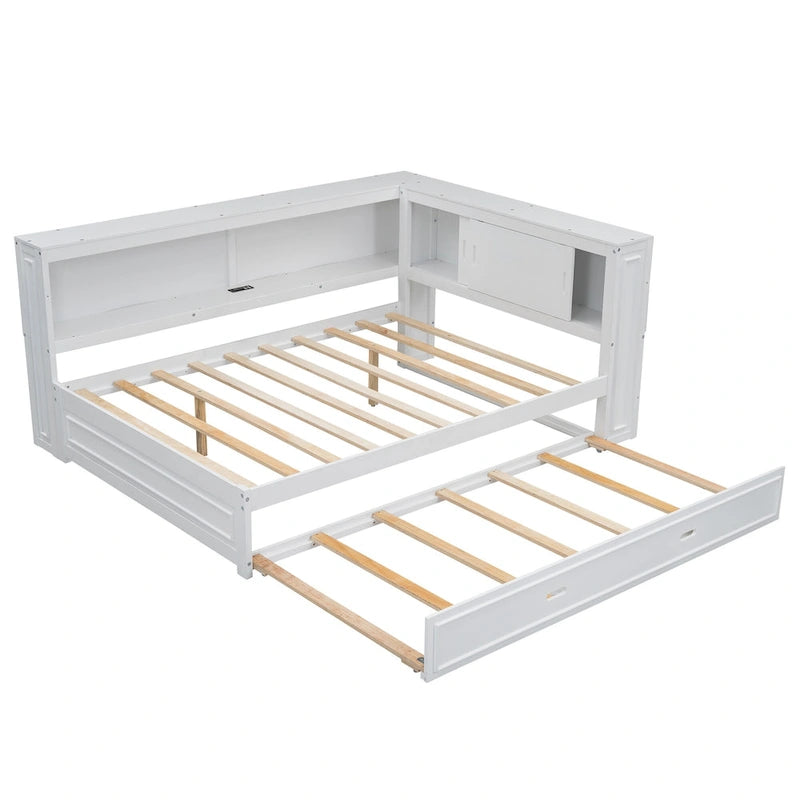 Lit de jour plateforme bas en L en pin massif blanc pleine grandeur avec bande LED, USB et prise de courant, étagères latérales à portes coulissantes et lit gigogne double coulissant