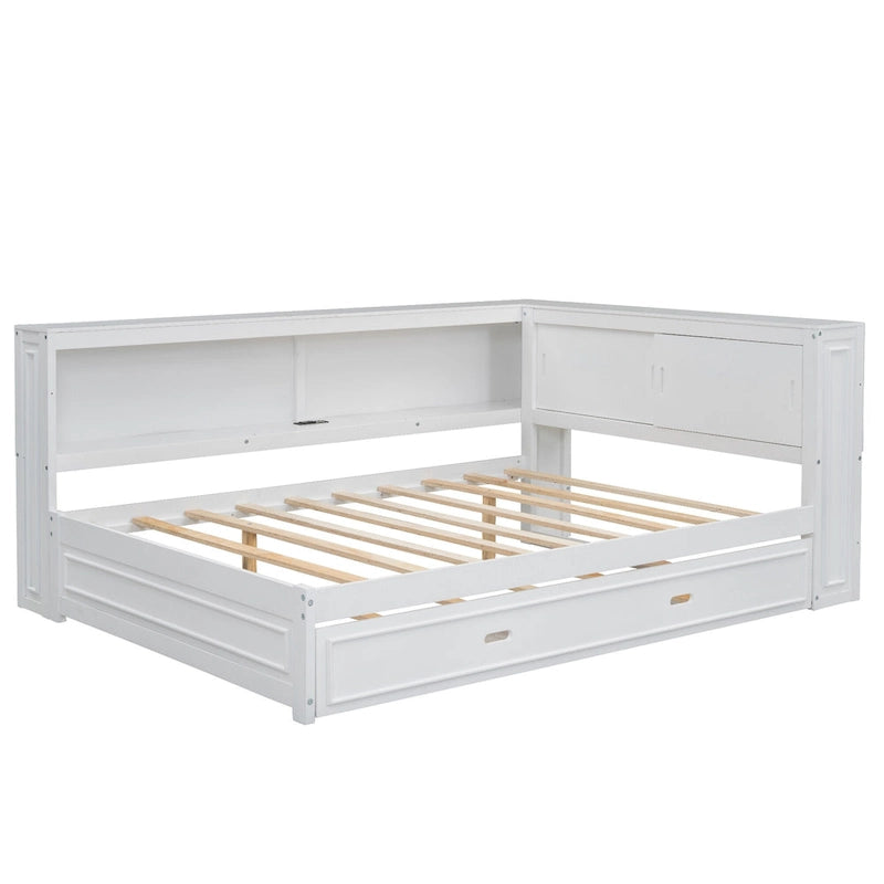 Lit de jour plateforme bas en L en pin massif blanc pleine grandeur avec bande LED, USB et prise de courant, étagères latérales à portes coulissantes et lit gigogne double coulissant
