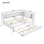 Lit de jour plateforme bas en L en pin massif blanc pleine grandeur avec bande LED, USB et prise de courant, étagères latérales à portes coulissantes et lit gigogne double coulissant
