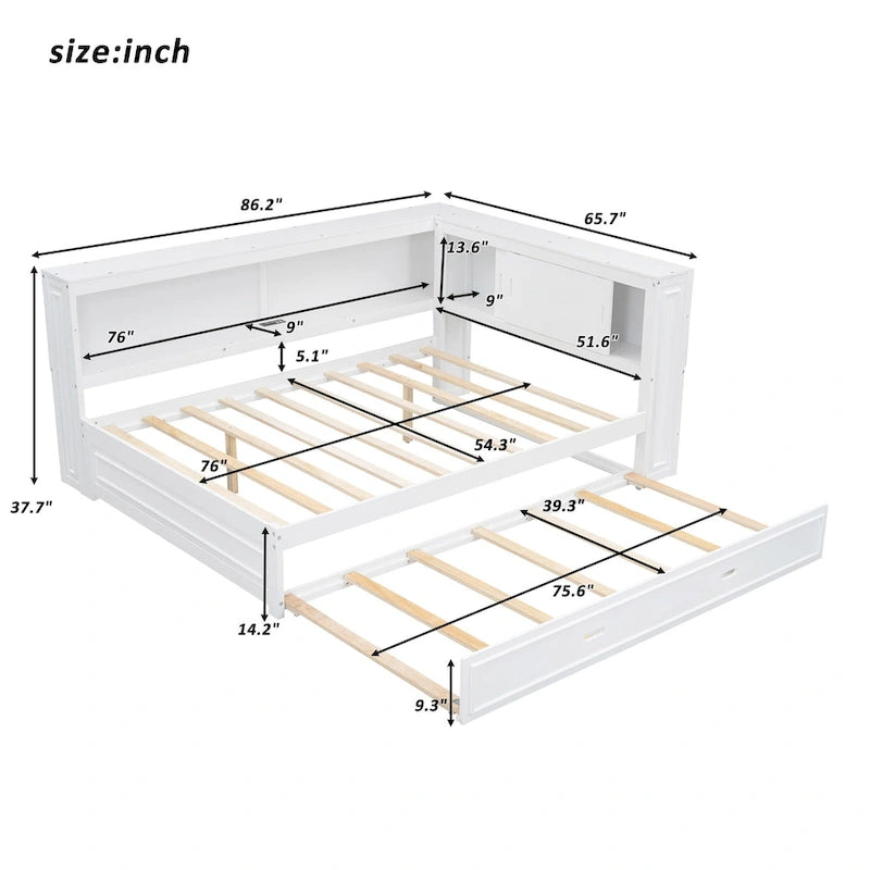 Lit de jour plateforme bas en L en pin massif blanc pleine grandeur avec bande LED, USB et prise de courant, étagères latérales à portes coulissantes et lit gigogne double coulissant