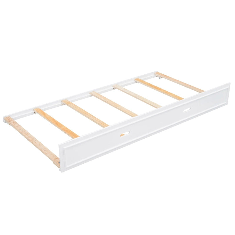 Lit de jour plateforme bas en L en pin massif blanc pleine grandeur avec bande LED, USB et prise de courant, étagères latérales à portes coulissantes et lit gigogne double coulissant