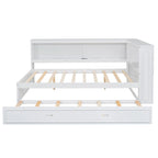 Lit de jour plateforme bas en L en pin massif blanc pleine grandeur avec bande LED, USB et prise de courant, étagères latérales à portes coulissantes et lit gigogne double coulissant