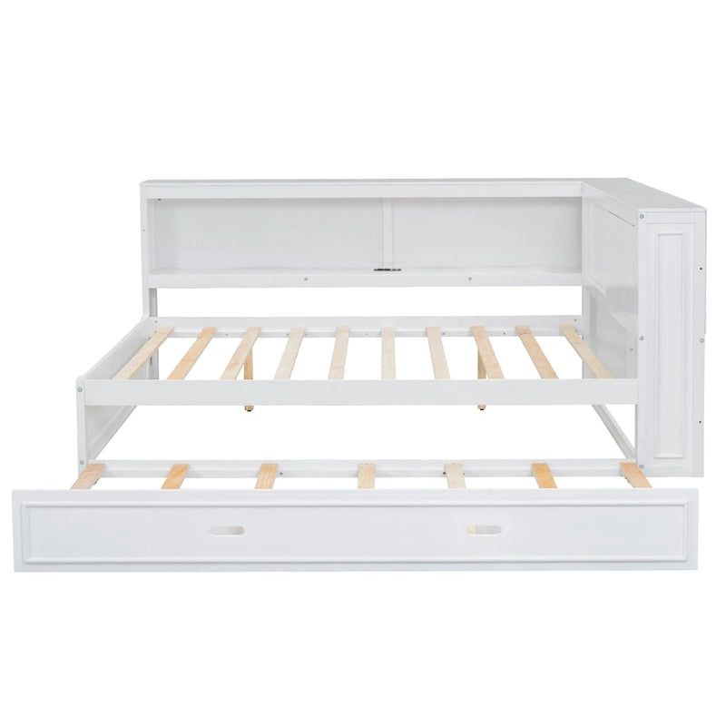Lit de jour plateforme bas en L en pin massif blanc pleine grandeur avec bande LED, USB et prise de courant, étagères latérales à portes coulissantes et lit gigogne double coulissant