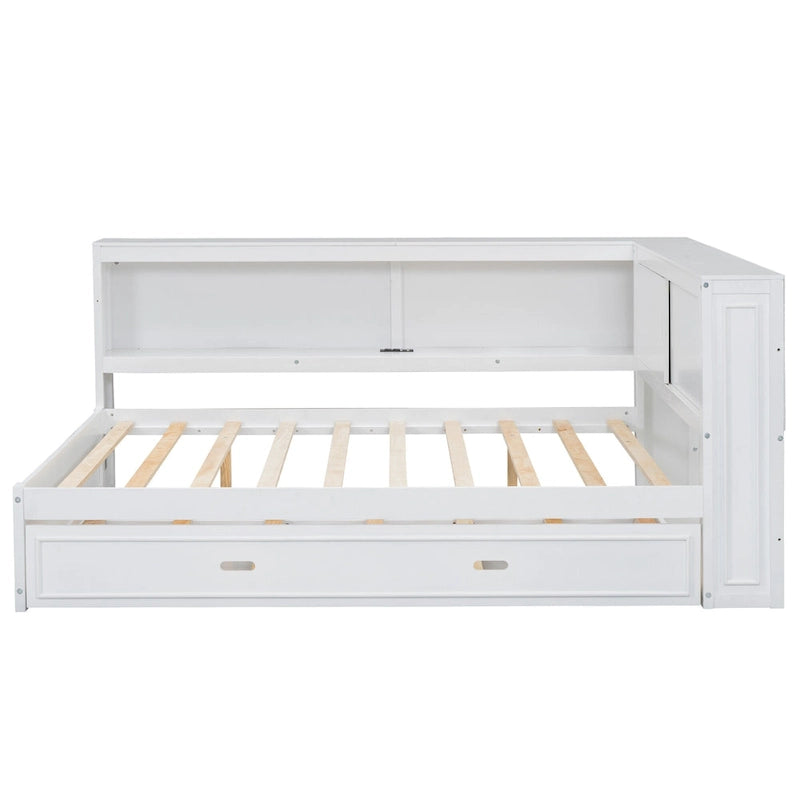 Lit de jour plateforme bas en L en pin massif blanc pleine grandeur avec bande LED, USB et prise de courant, étagères latérales à portes coulissantes et lit gigogne double coulissant