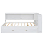 Lit de jour plateforme bas en L en pin massif blanc pleine grandeur avec bande LED, USB et prise de courant, étagères latérales à portes coulissantes et lit gigogne double coulissant