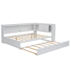Lit de jour plateforme bas en L en pin massif blanc pleine grandeur avec bande LED, USB et prise de courant, étagères latérales à portes coulissantes et lit gigogne double coulissant