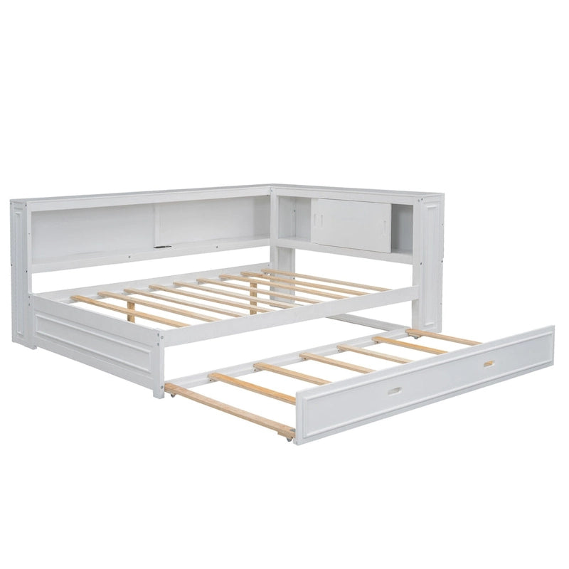 Lit de jour plateforme bas en L en pin massif blanc pleine grandeur avec bande LED, USB et prise de courant, étagères latérales à portes coulissantes et lit gigogne double coulissant