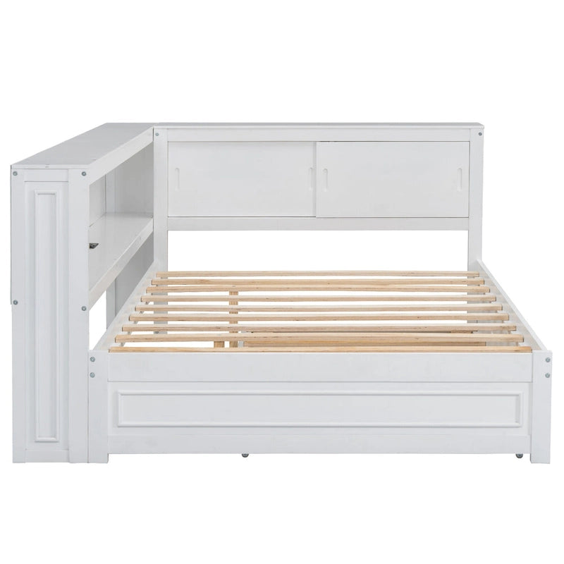 Lit de jour plateforme bas en L en pin massif blanc pleine grandeur avec bande LED, USB et prise de courant, étagères latérales à portes coulissantes et lit gigogne double coulissant