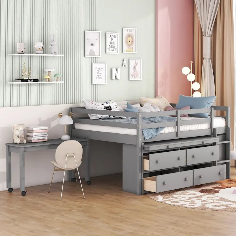 Lit mi-hauteur en pin massif de taille normale avec bureau roulant escamotable et 4 tiroirs