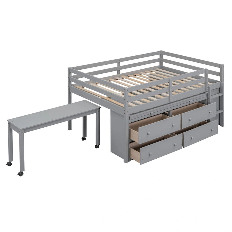 Lit mi-hauteur en pin massif de taille normale avec bureau roulant escamotable et 4 tiroirs