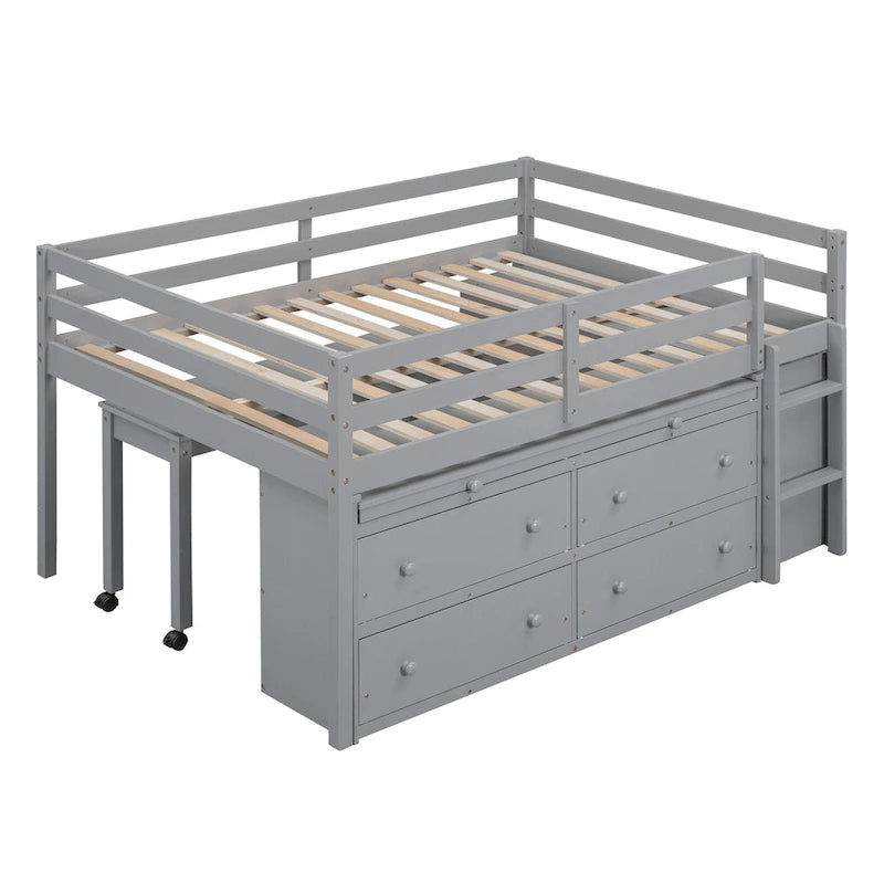 Lit mi-hauteur en pin massif de taille normale avec bureau roulant escamotable et 4 tiroirs