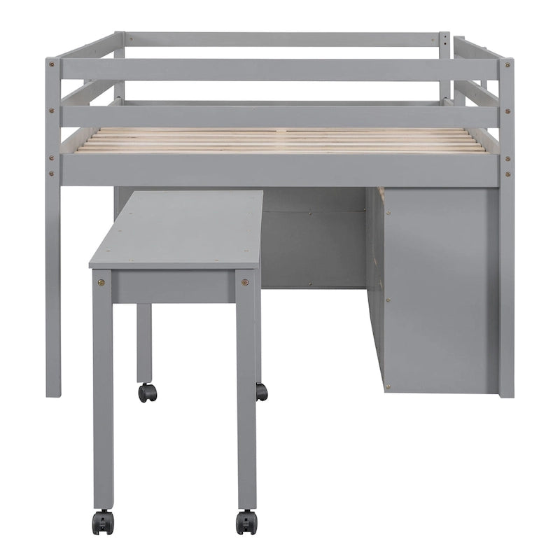 Lit mi-hauteur en pin massif de taille normale avec bureau roulant escamotable et 4 tiroirs
