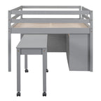 Lit mi-hauteur en pin massif de taille normale avec bureau roulant escamotable et 4 tiroirs