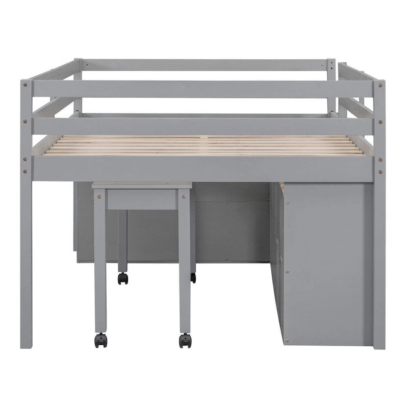 Lit mi-hauteur en pin massif de taille normale avec bureau roulant escamotable et 4 tiroirs